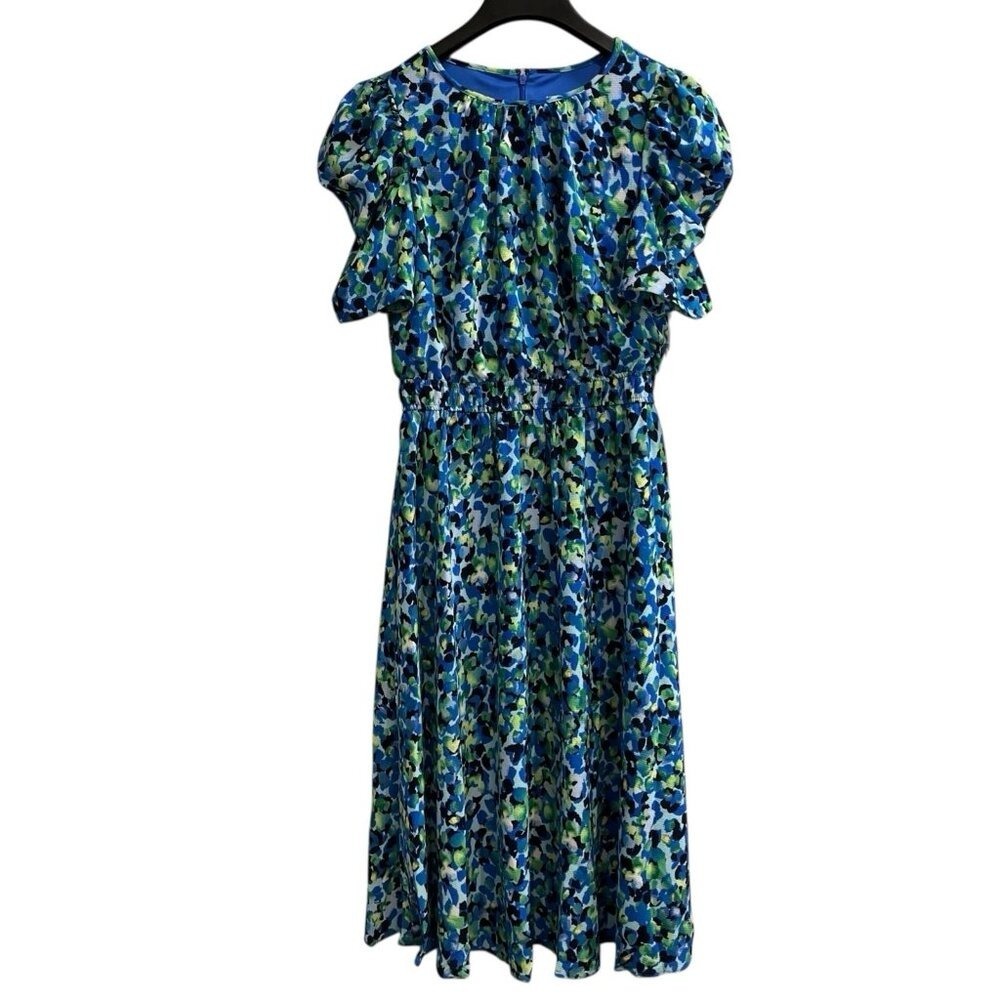 London Times Dress  Blue Watercolor Floral Chiffon Midi 10 Puff‎ Sleeve Church